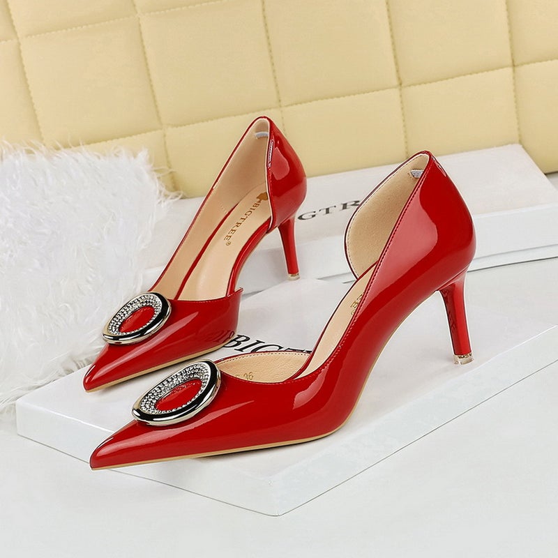 638-K61 Style Nightclub Stiletto Ultra-High Heel Glossy Patent Leather Side Cut Out Metal Rhinestone Buckle Shoes - Image 1